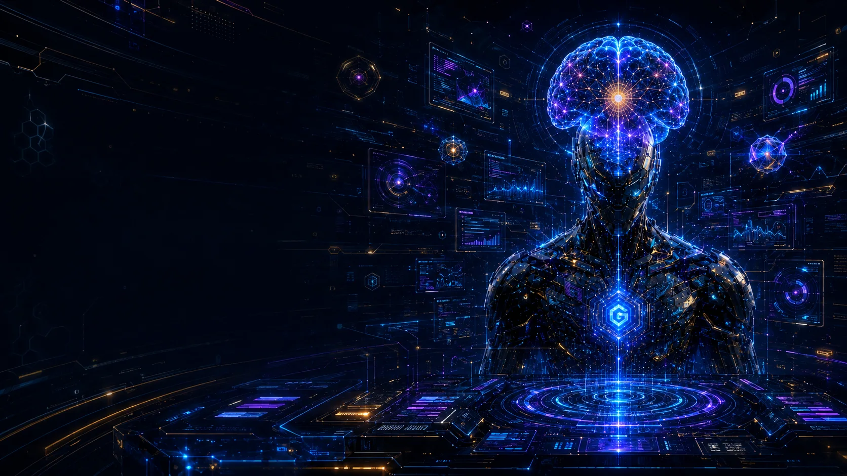 A Pantheon Golem operating inside a dense cognitive command center