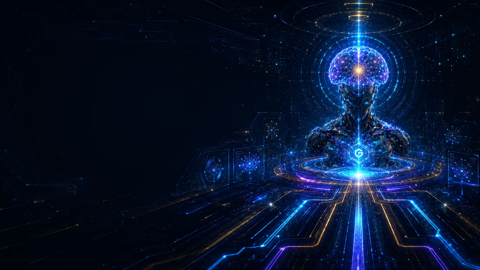 A secure Pantheon Golem cognitive intake chamber with a luminous neural core