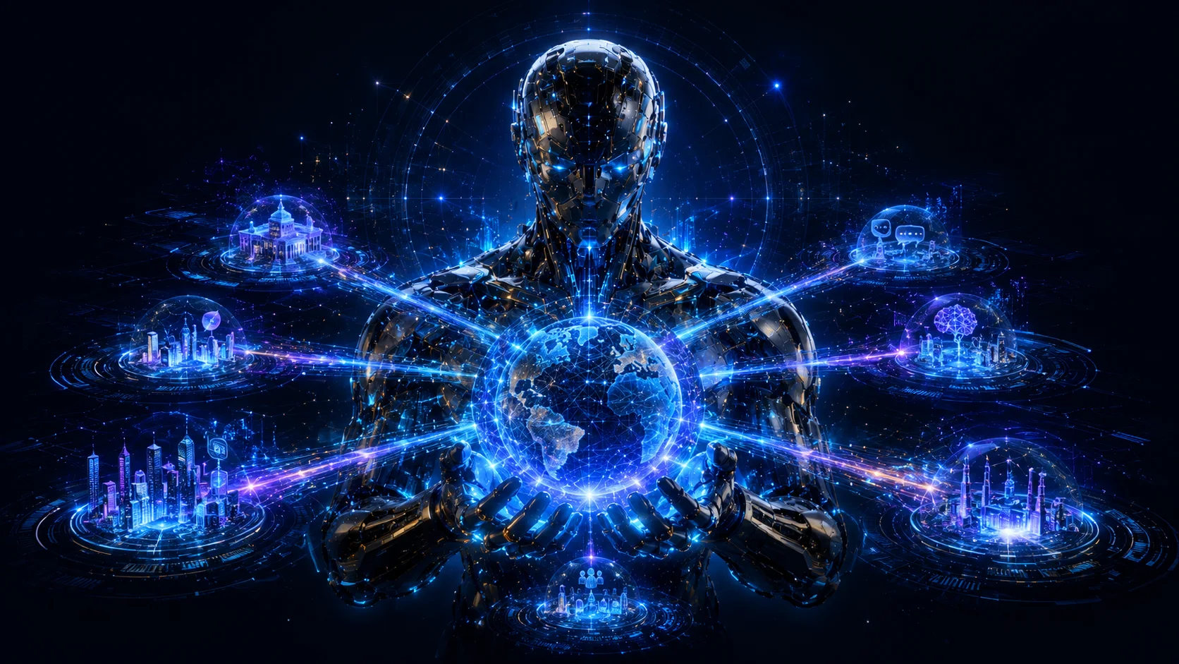 A cybernetic guardian coordinating a luminous world and multiple governed cognitive domains