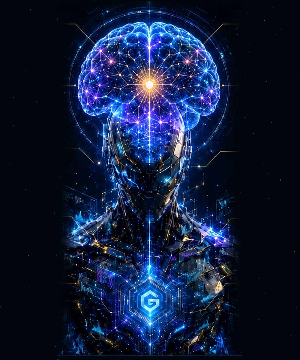 A reflective cybernetic Golem beneath a luminous neural cortex