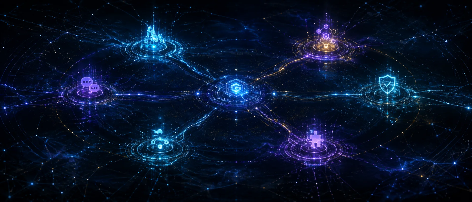 A central Pantheon core linked to six specialized cognitive territories